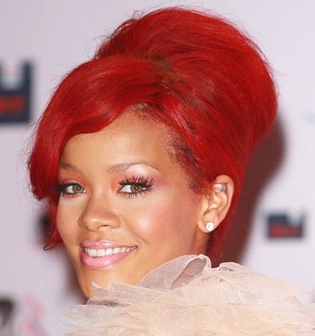 rihanna pics with red hair. Rihanna red hair updo November
