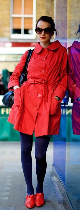 wearing red trench coat with blue tights