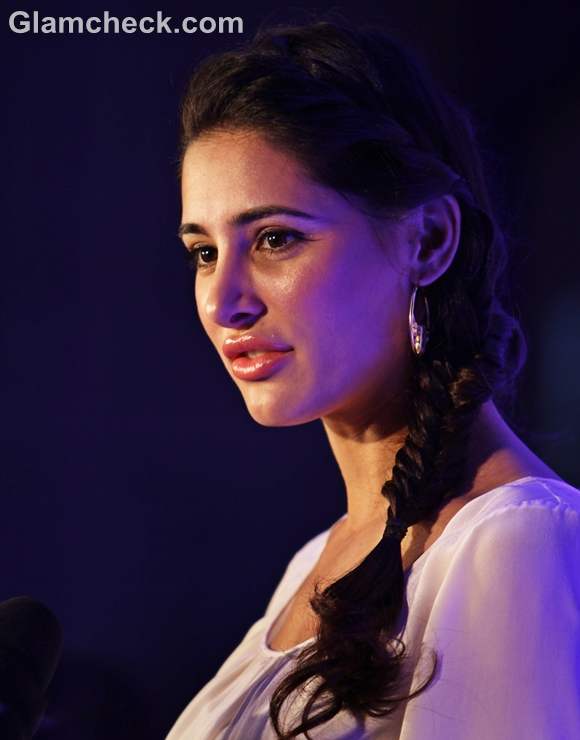 Nargis Fakhri hairstyle side fishtail braid