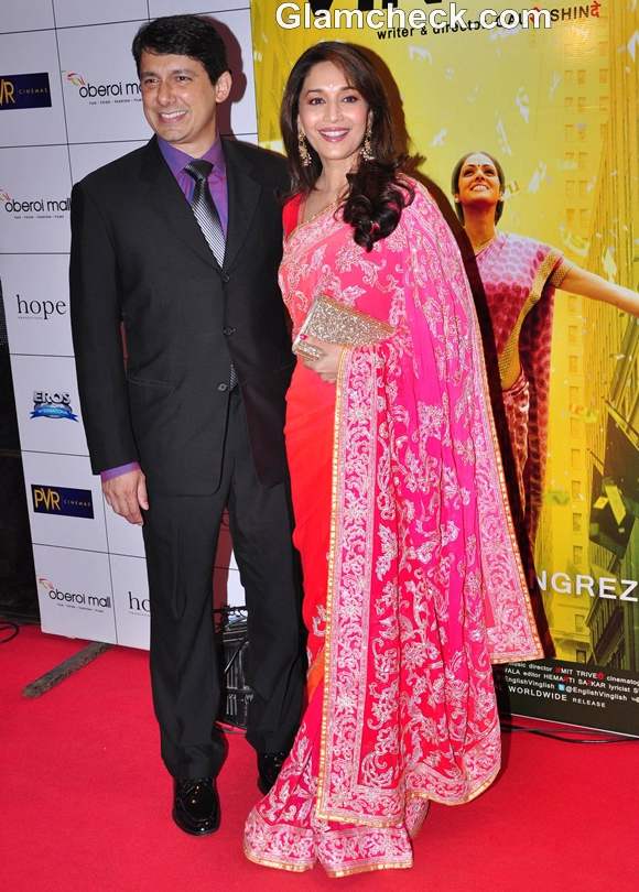 Madhuri Dixit pink orange saree premiere English Vinglish