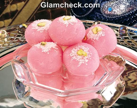 Rose Chum Chum served in glass dish diwali