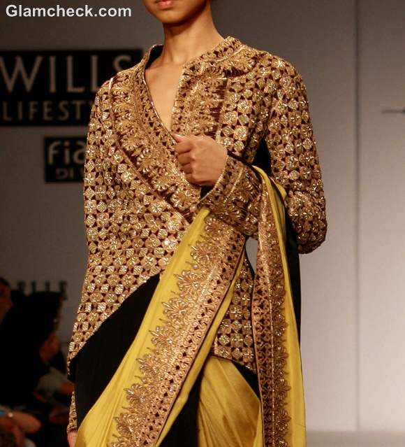 wearing Jacket with traditional Sari indian style