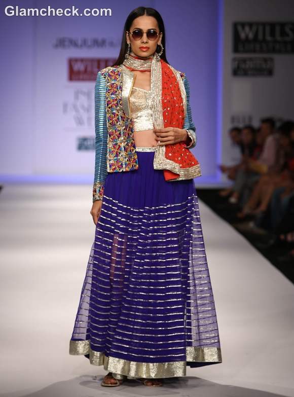 wearing embellished Jacket with lehenga choli