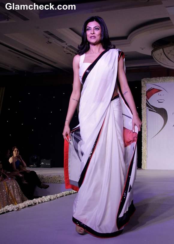 Sushmita Sen white sari At Anu Ranjan’s Beti Movement Fashion Fundraiser