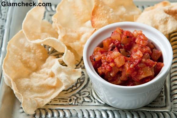 Indian Snacks Pappadams and pineapple chutney