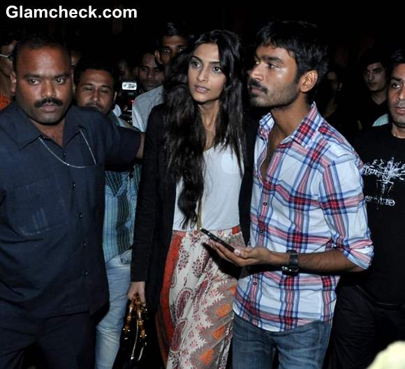 Sonam Kapoor Dhanush Surprise Fans at Chandan Cinema in Mumbai