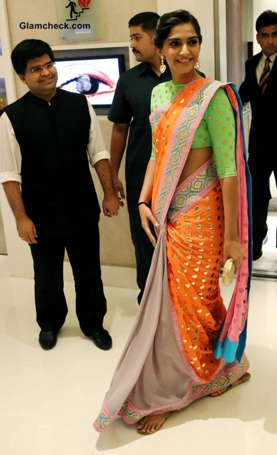 Sonam Kapoor in Neon Manish Arora Sari at Filmfare New Look Unveiling