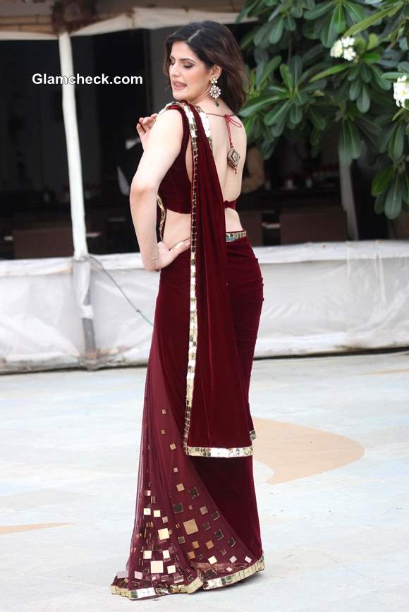 Zarine Khan in Archana Kochhar Maroon Sari at Wedding Lounge 2013 announcement
