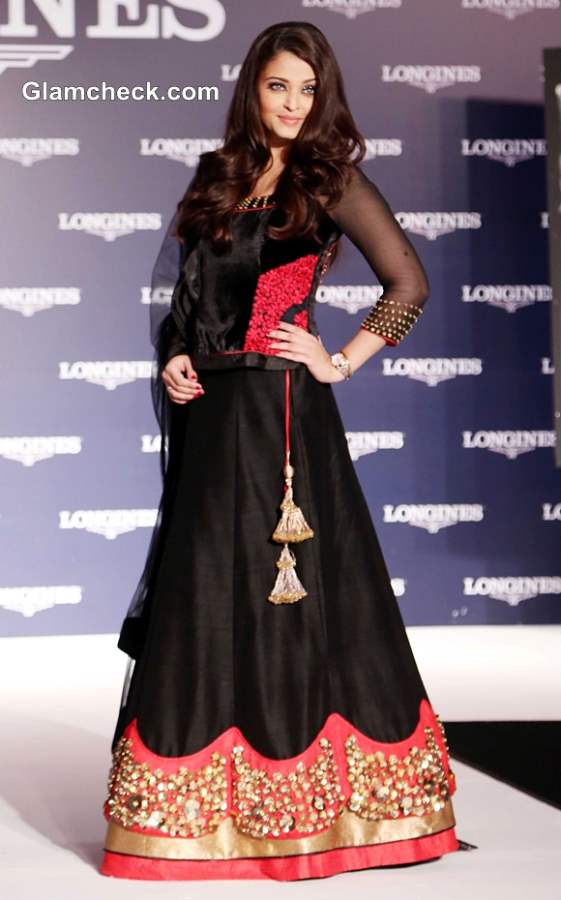 Aishwarya Rai Bachchan 2013 Launches Longines Watch Collection in Royal Black Lehenga