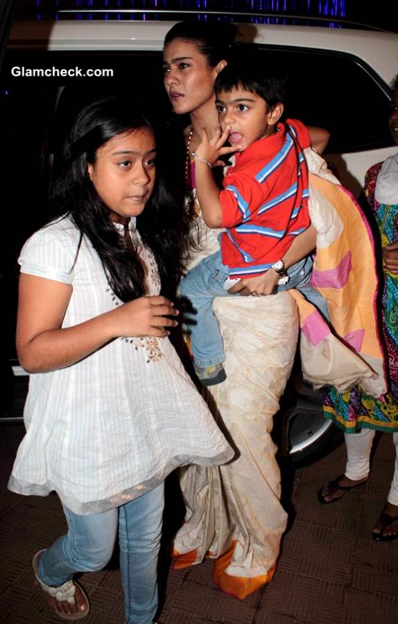 Kajol with daughter Nysa and son Yug at Durga Puja 2013