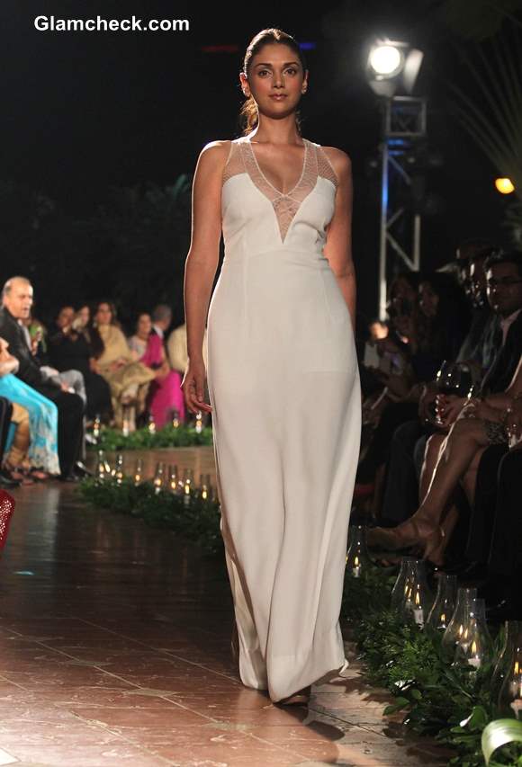 Aditi Rao Hydari in White Gown at Spanish Fashion Show 2013