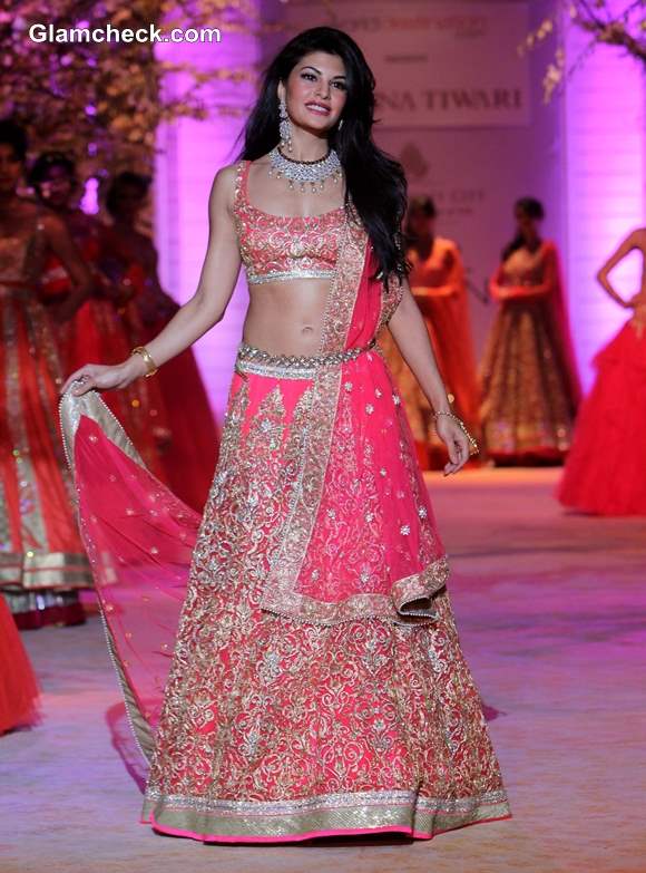 Jacqueline Fernandez in Pink Lehenga 2013 India Bridal Fashion Week