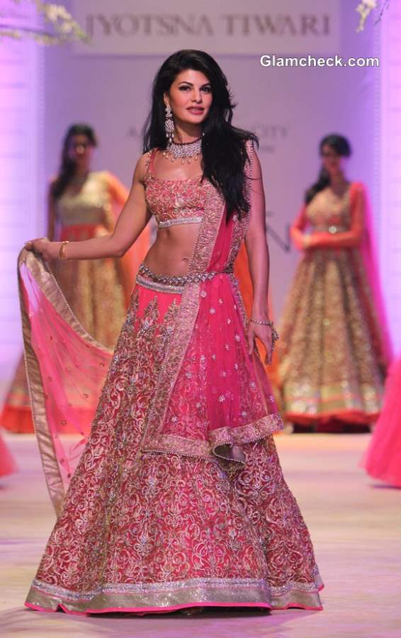 Jacqueline in Jyotsna Tiwari Bridal Pink Lehenga at India Bridal Fashion Week 2013