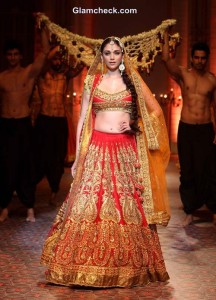 Aditi Rao Hyadri in a Red Gold lehenga for Preeti Misharm Kapoor IBFW 2013