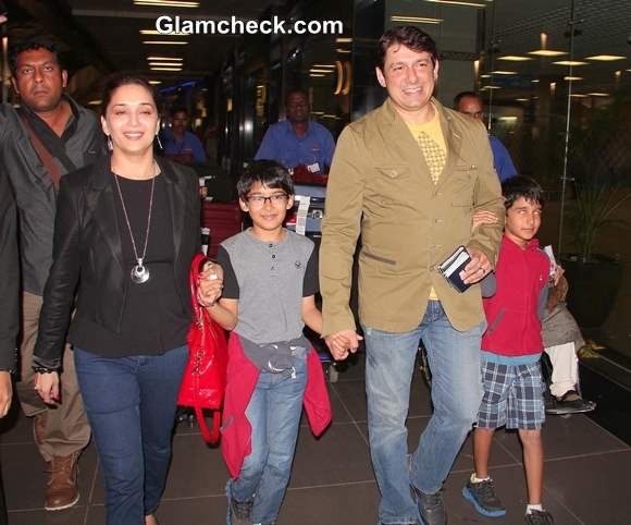 Madhuri Dixit Spotted at Mumbai International Airport with Hubby and Sons
