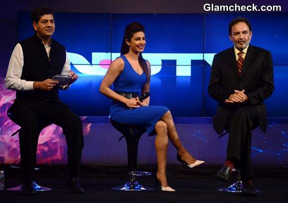 Priyanka Chopra Launches NDTV 2-in1 Channel in Blue Jersey Dress