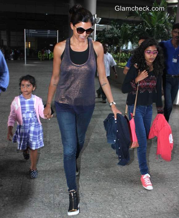 Sushmita Sen Leaves Mumbai Airport with Daughters