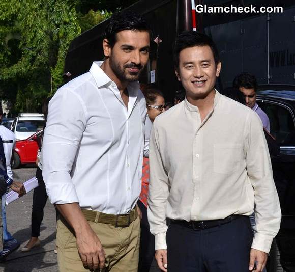 John Abraham chatting with Baichung Bhutia at Castrol Photo Shoot Media