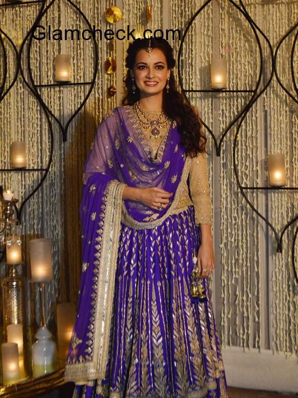 Dia Mirza Sangeet ceremony purple lehenga