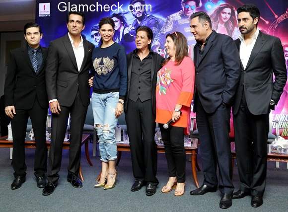 The cast of Happy New Year during a Promotional event in New Delhi