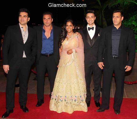 Arpita Khan with her husband Aayush Sharma and Brothers at her Wedding Reception