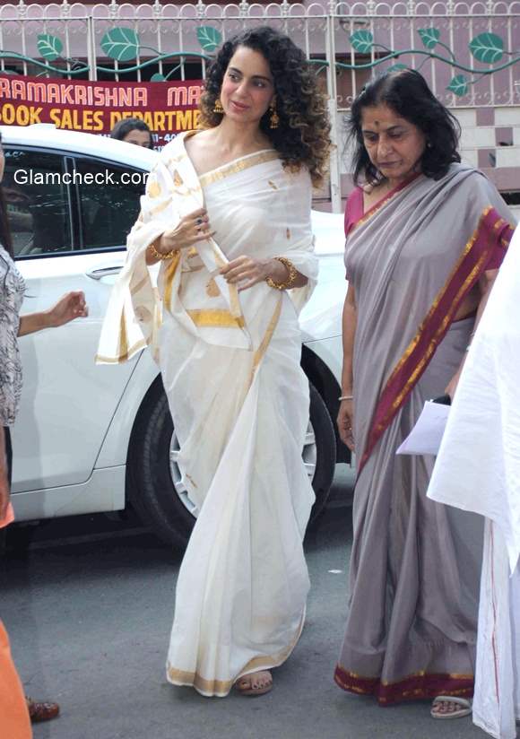 Kangna Ranaut in White Saree with Golden Border