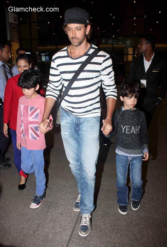 Hrithik Roshan spotted along with his sons Hrehaan and Hridhaan at Mumbai airport