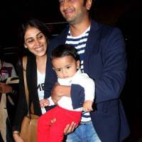 Riteish Deshmukh with wife Genelia DSouza and son Riaan at Mumbai airport