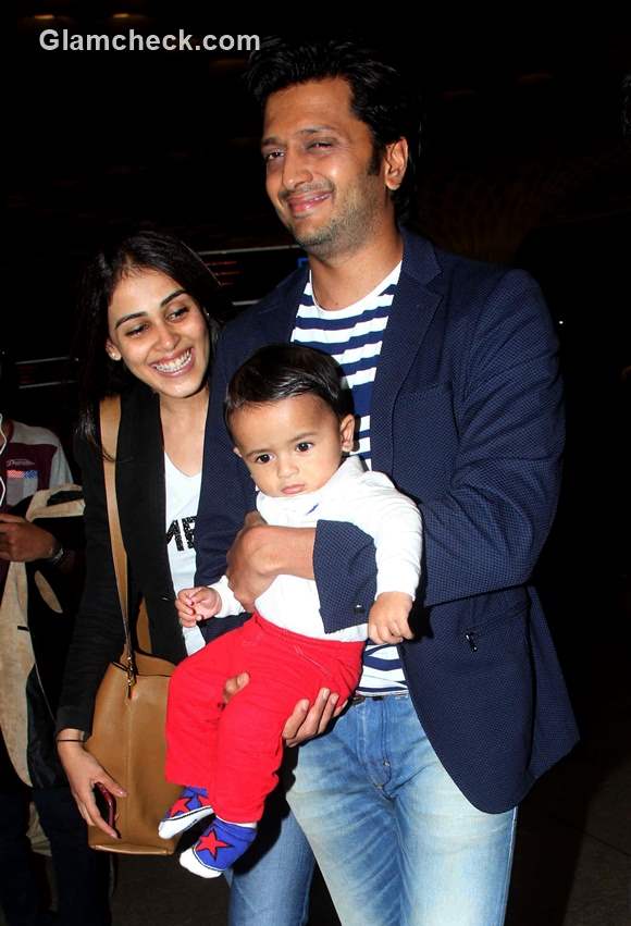 Riteish Deshmukh with wife Genelia DSouza and son Riaan at Mumbai airport