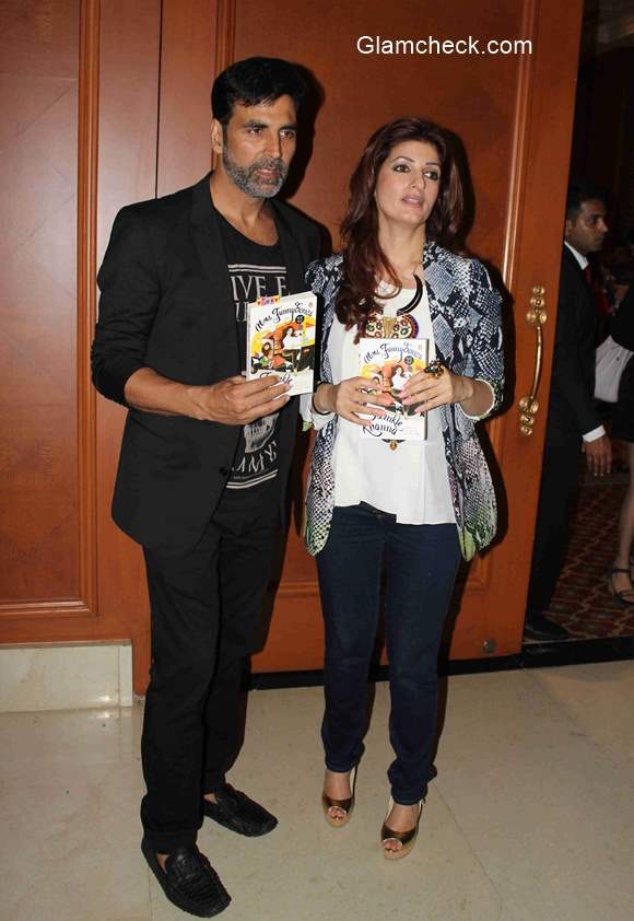 Twinkle Khanna along with Akshay Kumar during the launch of her book Mrs Funnybones