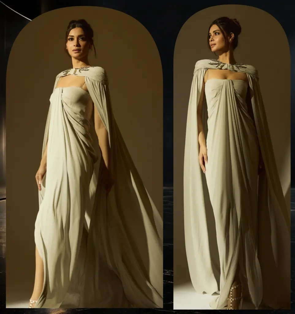 Diana Penty in a muted sage Valentino gown with a subtle lavender undertone