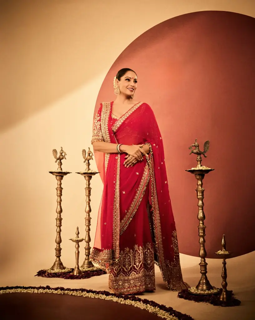 Bipasha Basu Durga Puja Look Red Saree