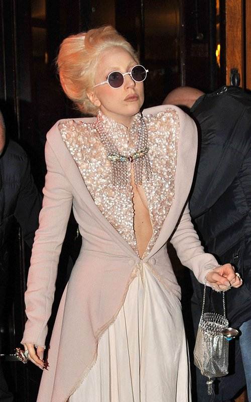 Lady Gaga In Cleavage Baring Gray Victorian Dress