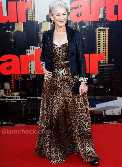 Helen Mirren animal print at Arthur London Premiere