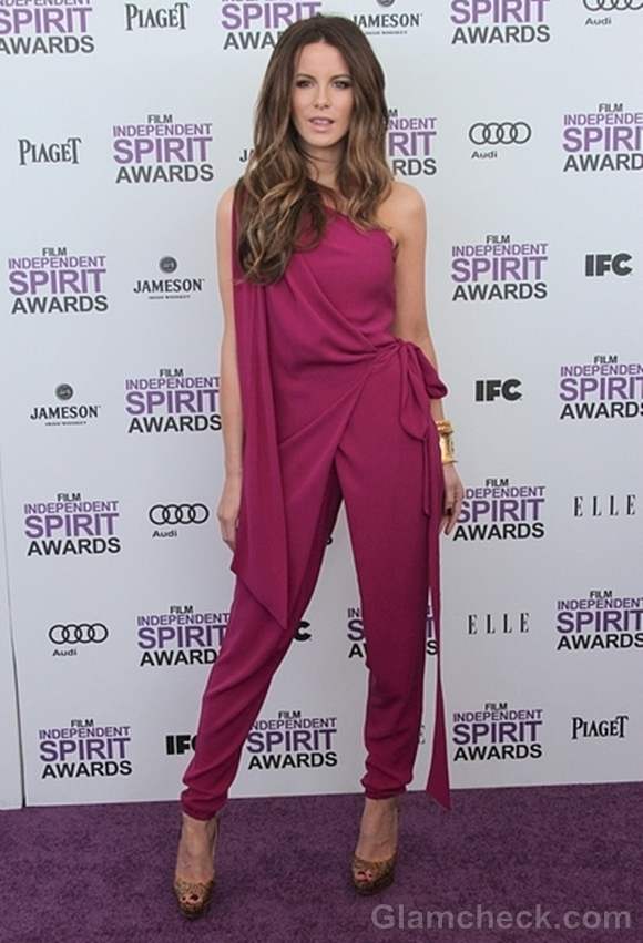 Kate Beckinsale magenta jumpsuit at 2012 independent spirit awards