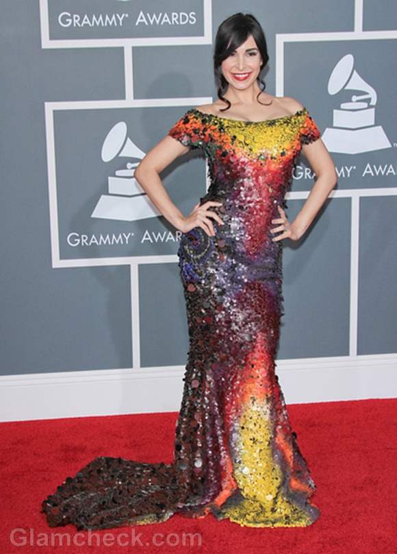 Mayra Veronica Sports Unique Multi-colored Gown at 2012 Grammy Awards