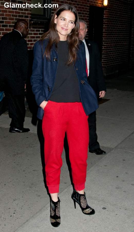 Katie Holmes red pants At David Lettermans Show