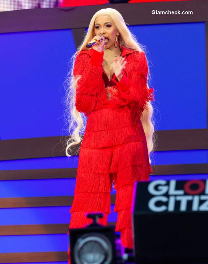 Cardi B Red Fringed Outfit at 218 Global Citizen Festival