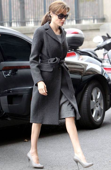 Angelina Jolie looks elegants in gray overcoat