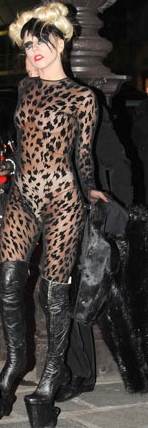 Lady Gaga walks the ramp for Mugler-sheer black bodysuit animal print