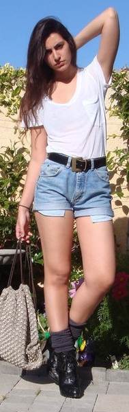 White T-shirt with blue denim shorts