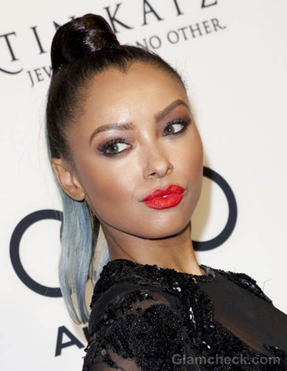 Celeb Hairstyle Kat Graham Sports Sleek Two-Toned Top Knot Ponytail