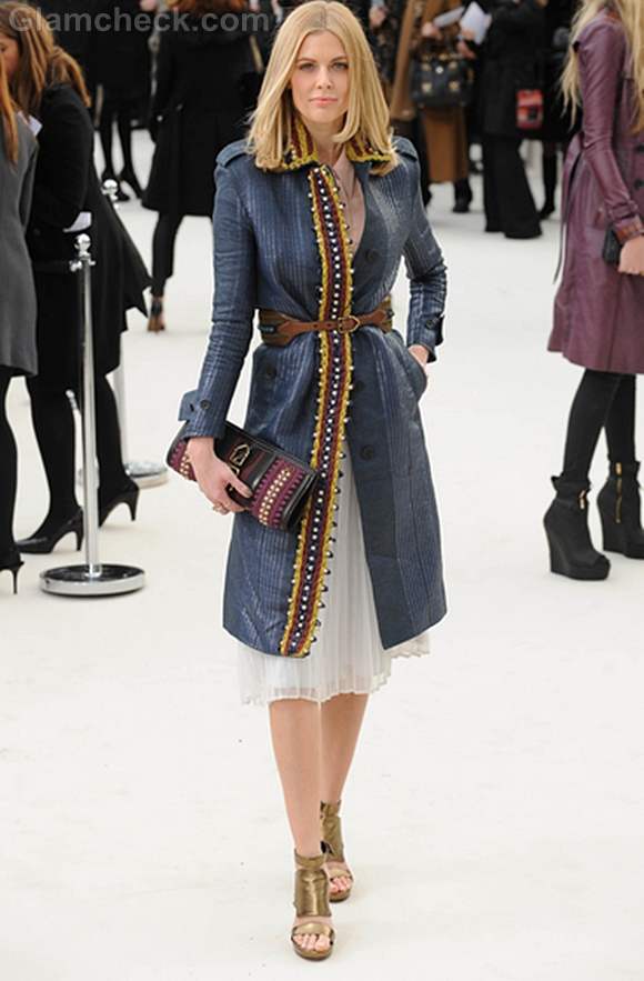 Donna Air London Fashion Week in Gold Heels Blue Coat