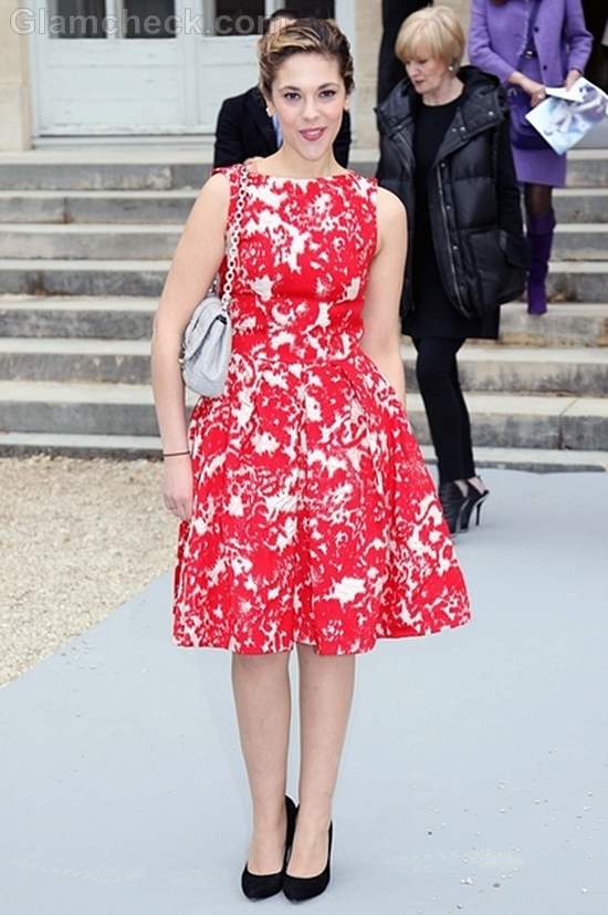 Alysson Paradis Vibrant in Red & White Floral Frock at Paris Fashion Week