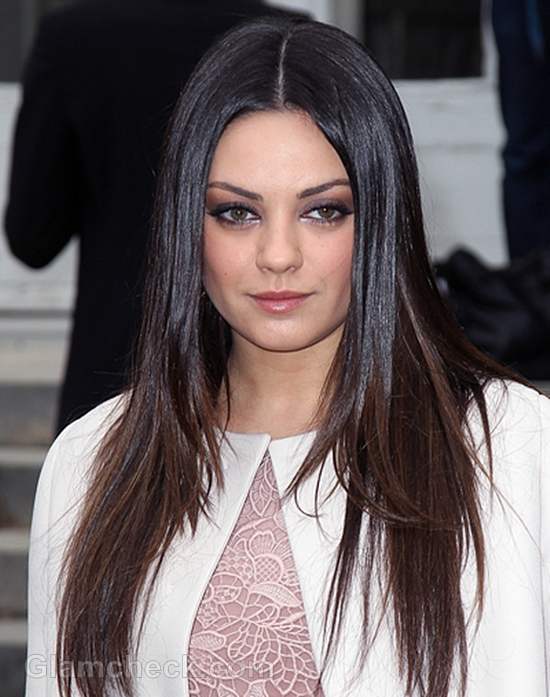 Mila Kunis in Pale Pink Lace Dress at Paris Fashion Week