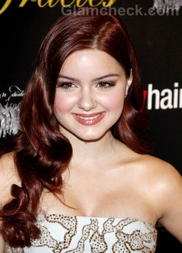 Ariel Winter copper brown side-swept curly hair