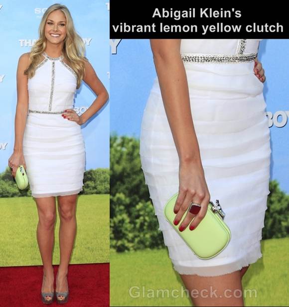 Abigail Klein white dress lemon yellow clutch