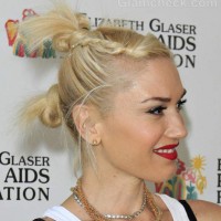 Gwen Stefani funky double-knotted braid bun hairstyle