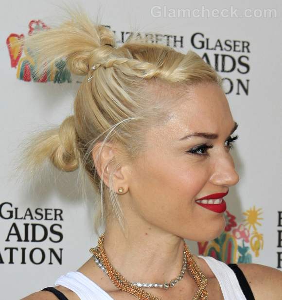 Gwen Stefani funky double-knotted braid bun hairstyle