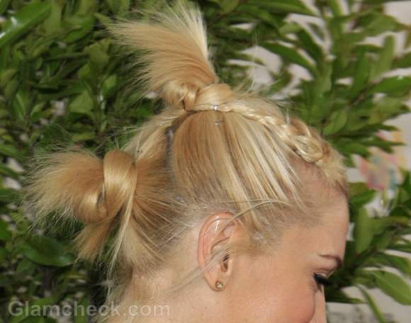 Gwen Stefani funky double-knotted hairstyle